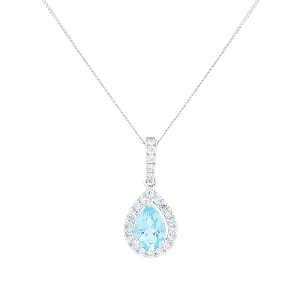18ct White Gold 0.15ct Diamond & Blue Topaz Halo Pendant