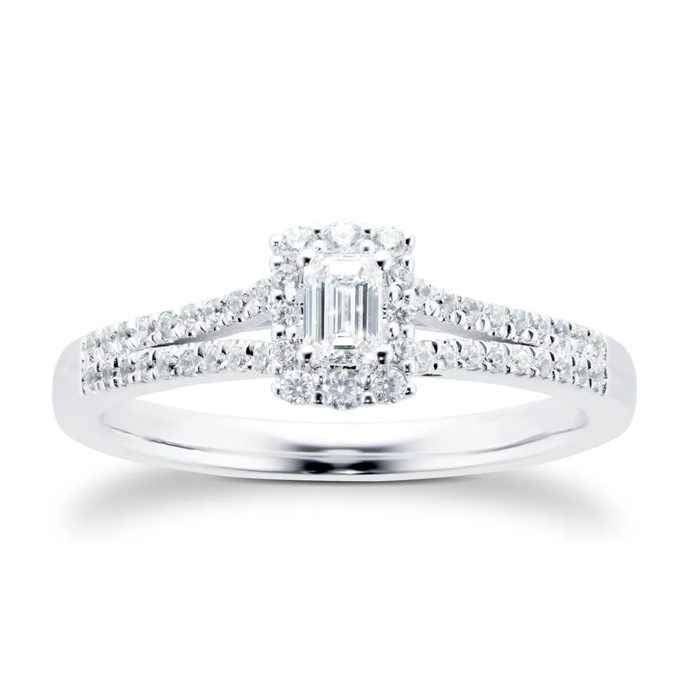 18ct White Gold 0.40cttw Diamond Emerald Cut Halo Ring