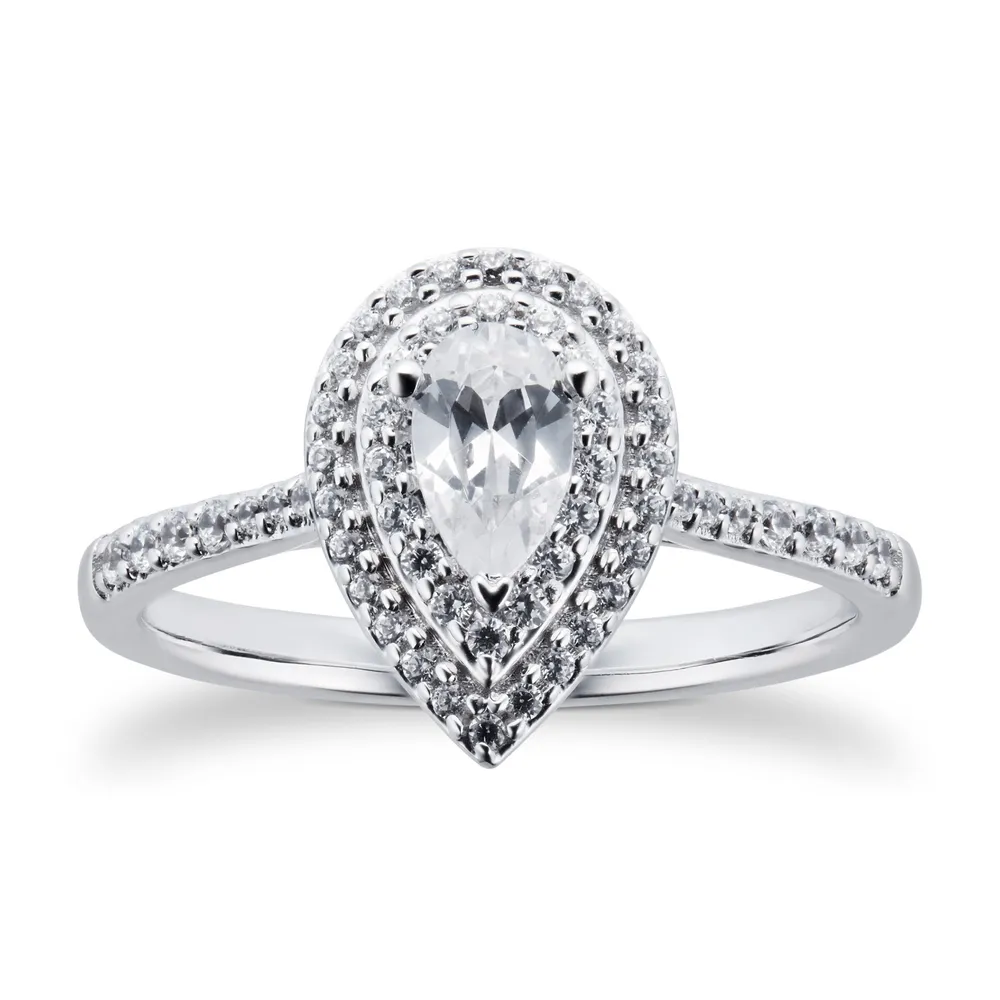 18ct White Gold 0.60cttw Diamond Pear Cut Double Halo Ring