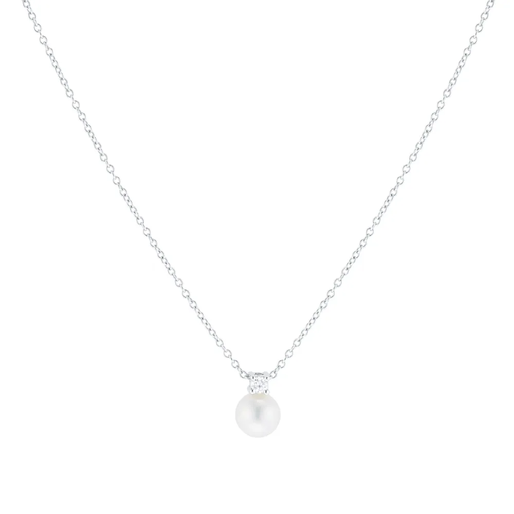 18ct White Gold Akoya Pearl & 0.05ct Diamond Pendant