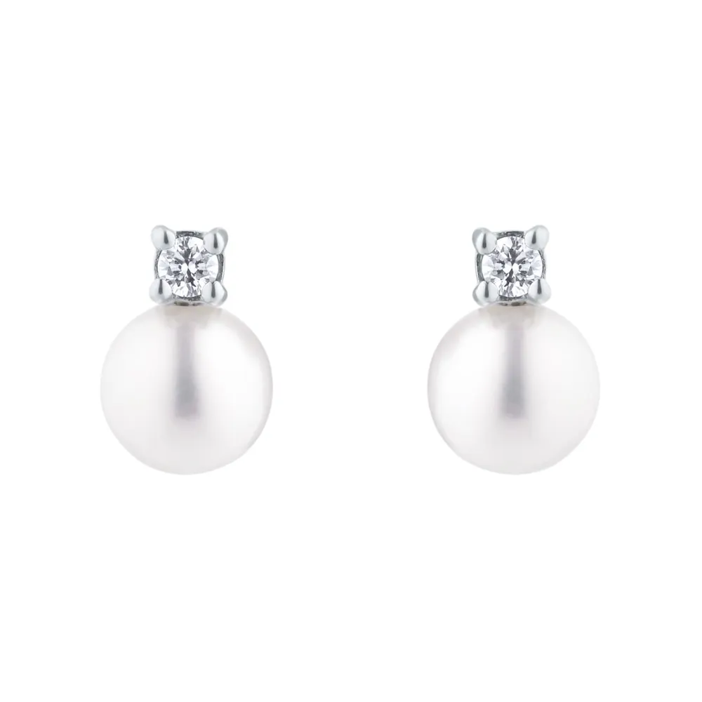 18ct White Gold Akoya Pearl & 0.08ct Diamond Stud Earrings