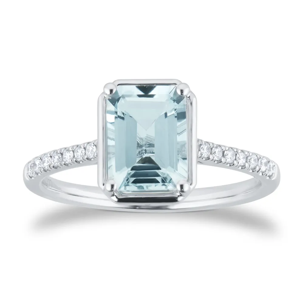 18ct White Gold Aquamarine and 0.10cttw Emerald Cut Diamond Ring