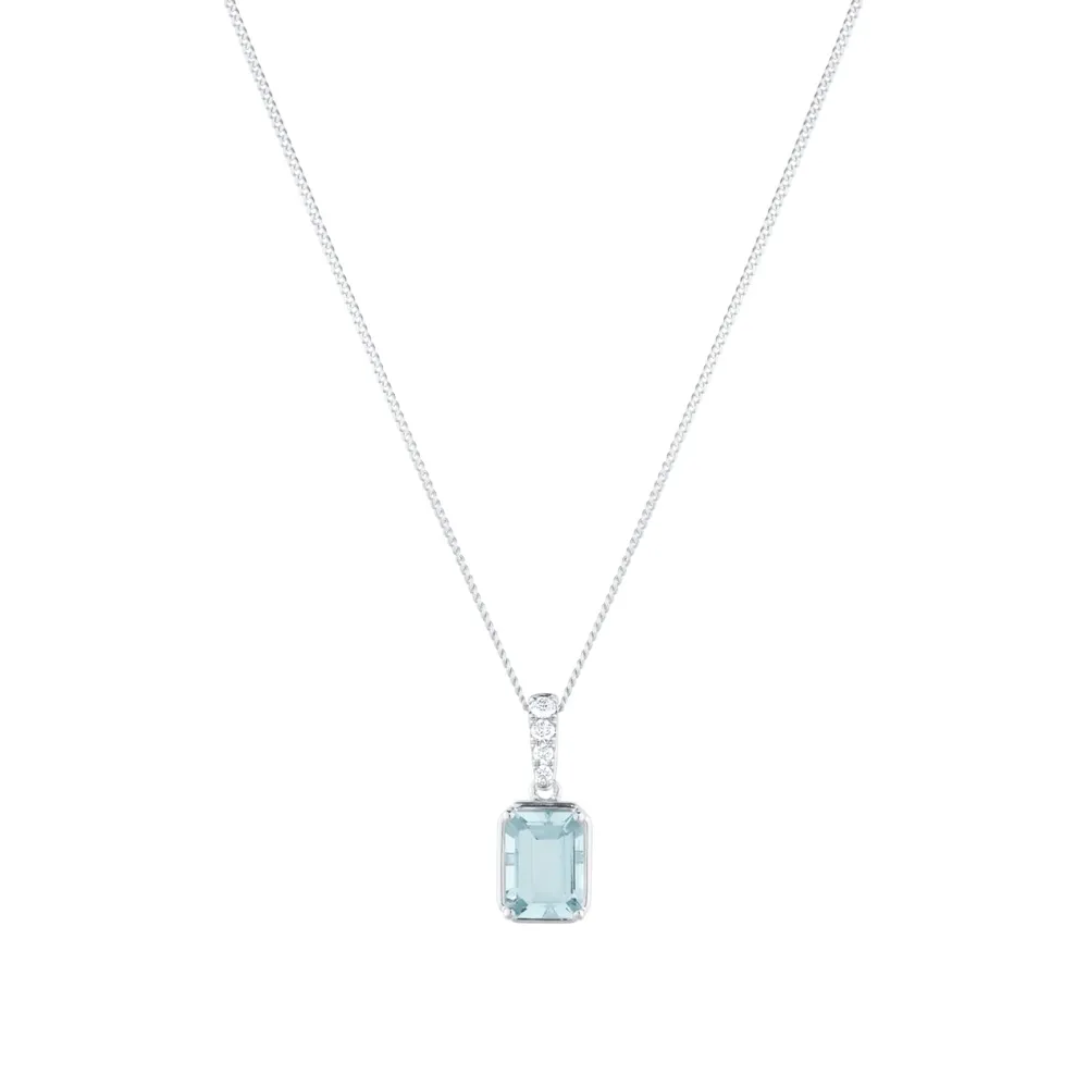 18ct White Gold Emerald Cut Aquamarine and 0.04cttw Diamond Pendant