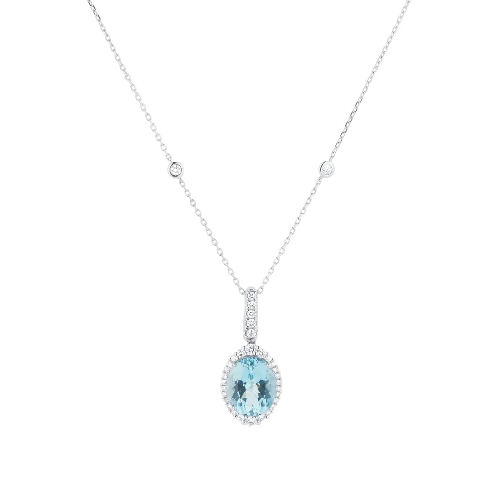 18ct White Gold Oval Cut Aquamarine and 0.38cttw Diamond Pendant