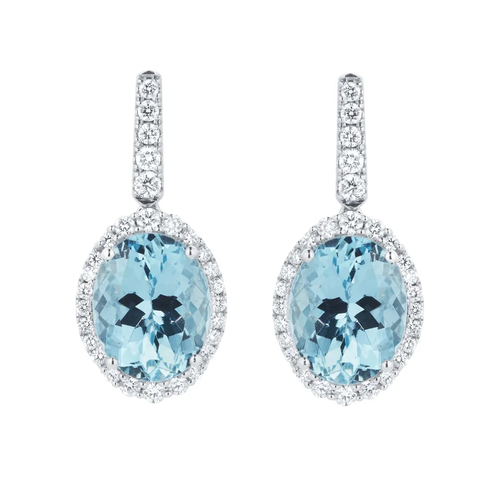 18ct White Gold Oval Cut Aquamarine and 0.50cttw Diamond Drop Earrings