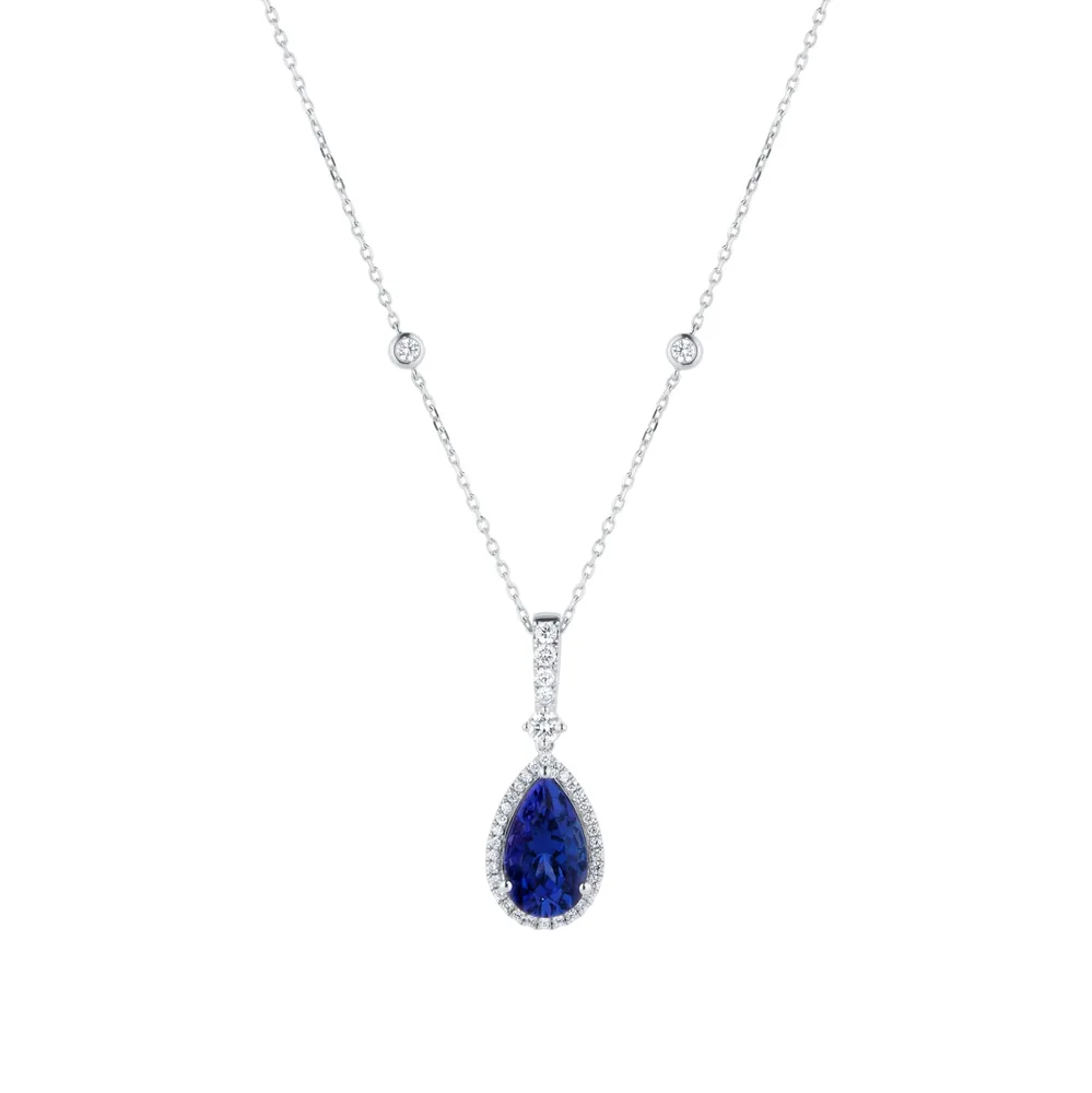 18ct White Gold Pear Cut Tanzanite and 0.30cttw Diamond Pendant