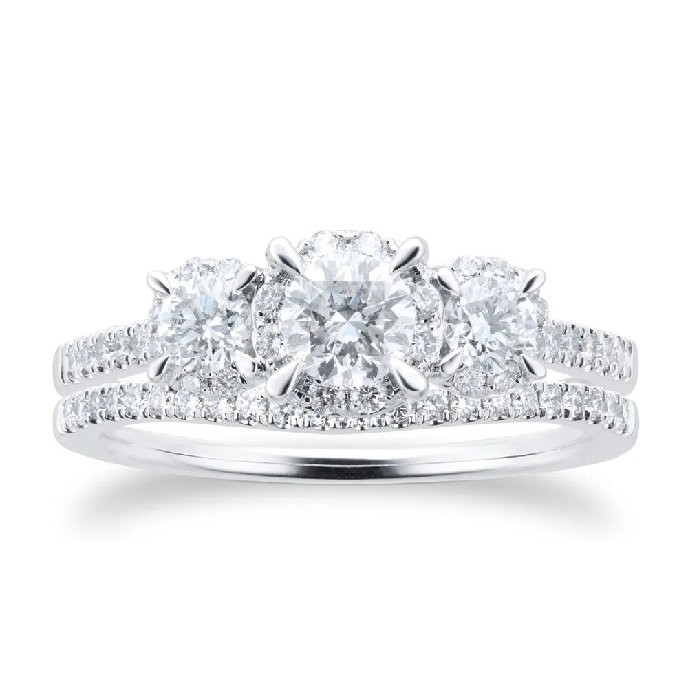 18ct White Gold Three Stone Halo Diamond Bridal Set Ring