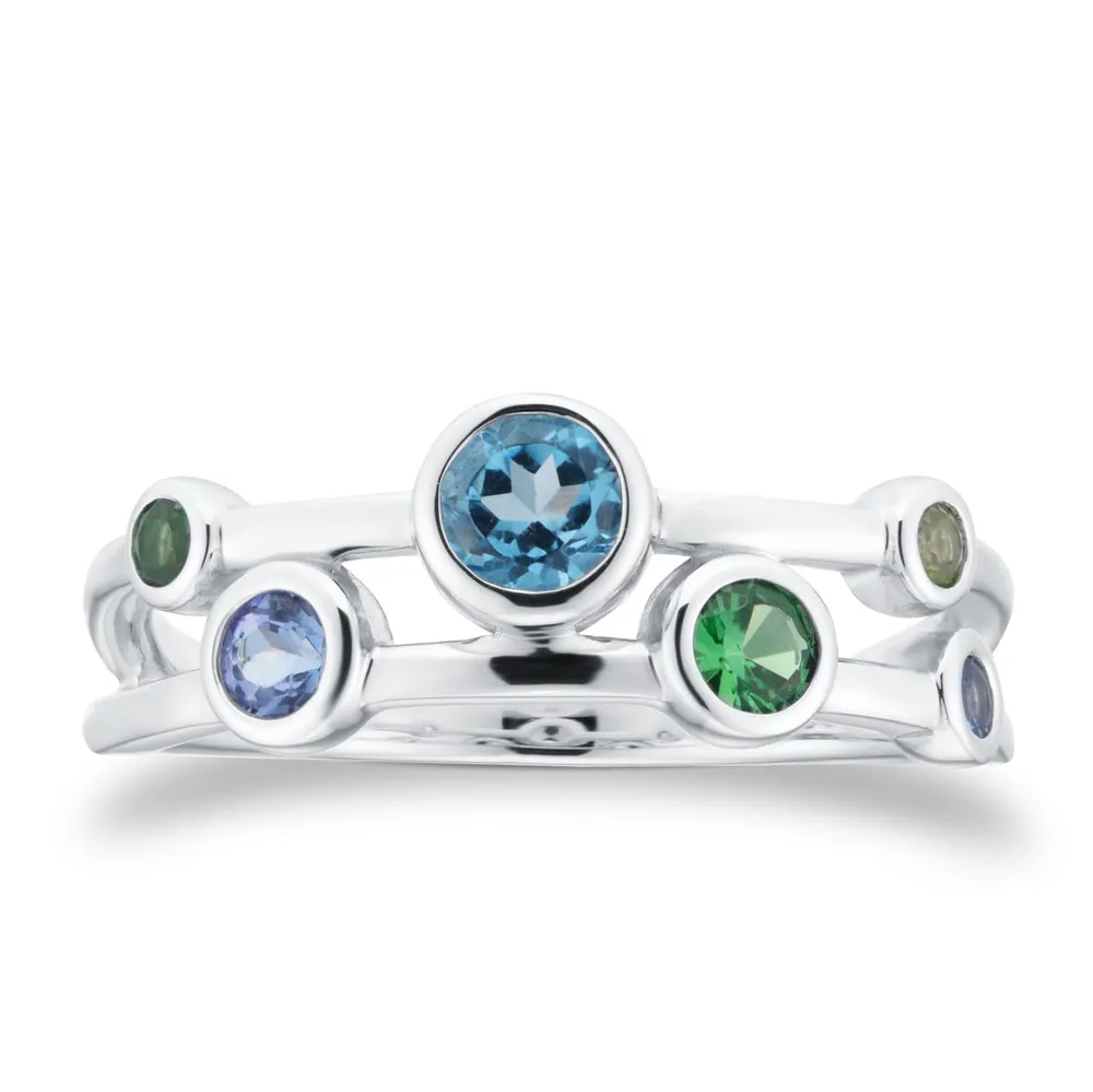 18ct White Gold Topaz Peridot and Tanzanite Bezel Set Ring