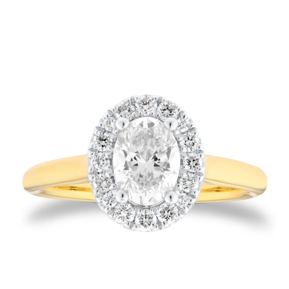 18ct Yellow and White Gold 1.00cttw Oval Cut Diamond Halo Engagement Ring