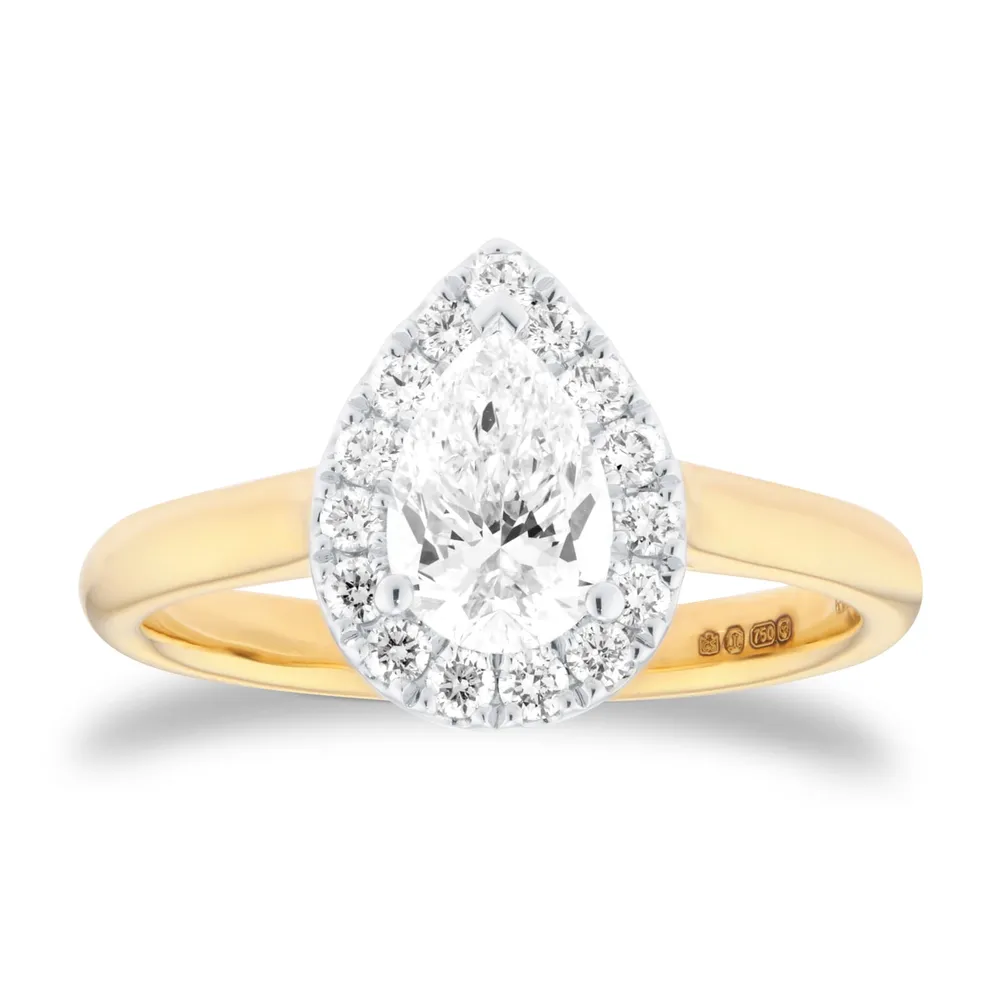 18ct Yellow and White Gold 1.00cttw Pear Cut Diamond Halo Engagement Ring