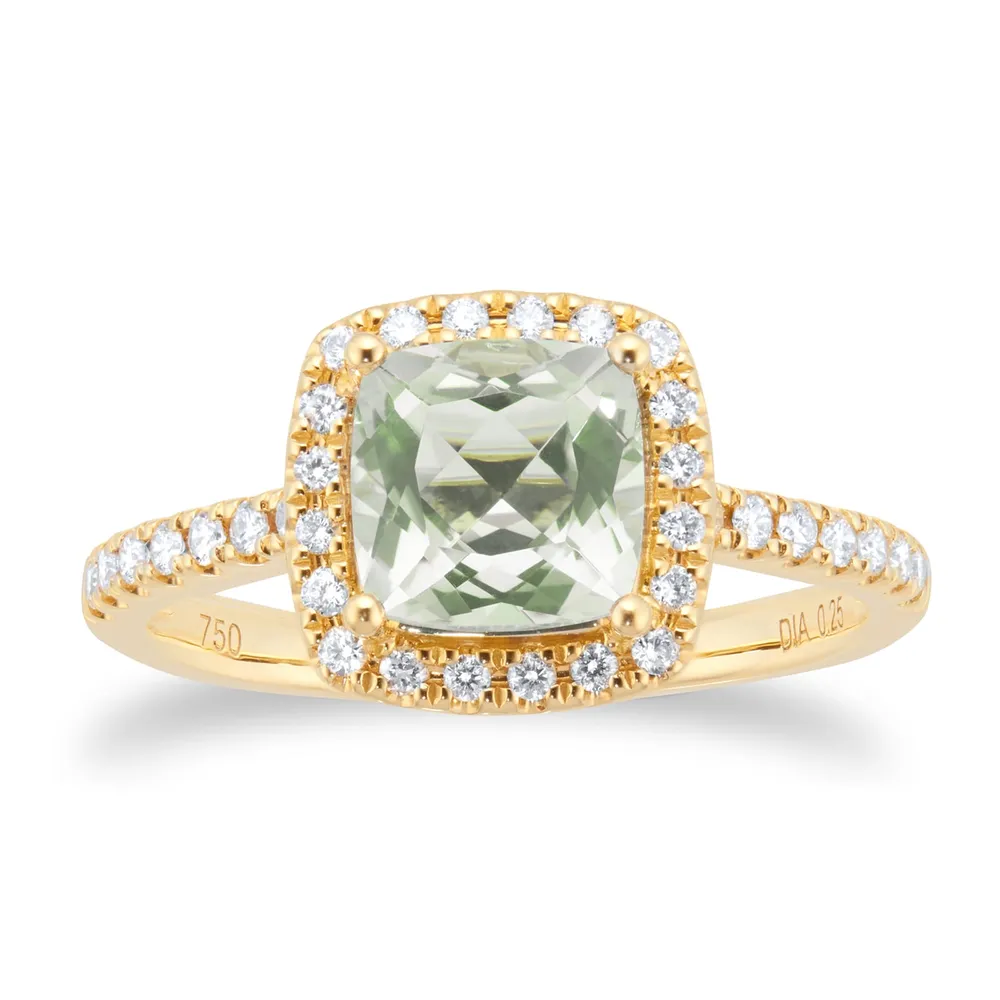 18ct Yellow Gold 0.25ct Diamond Halo & Green Amethyst Ring
