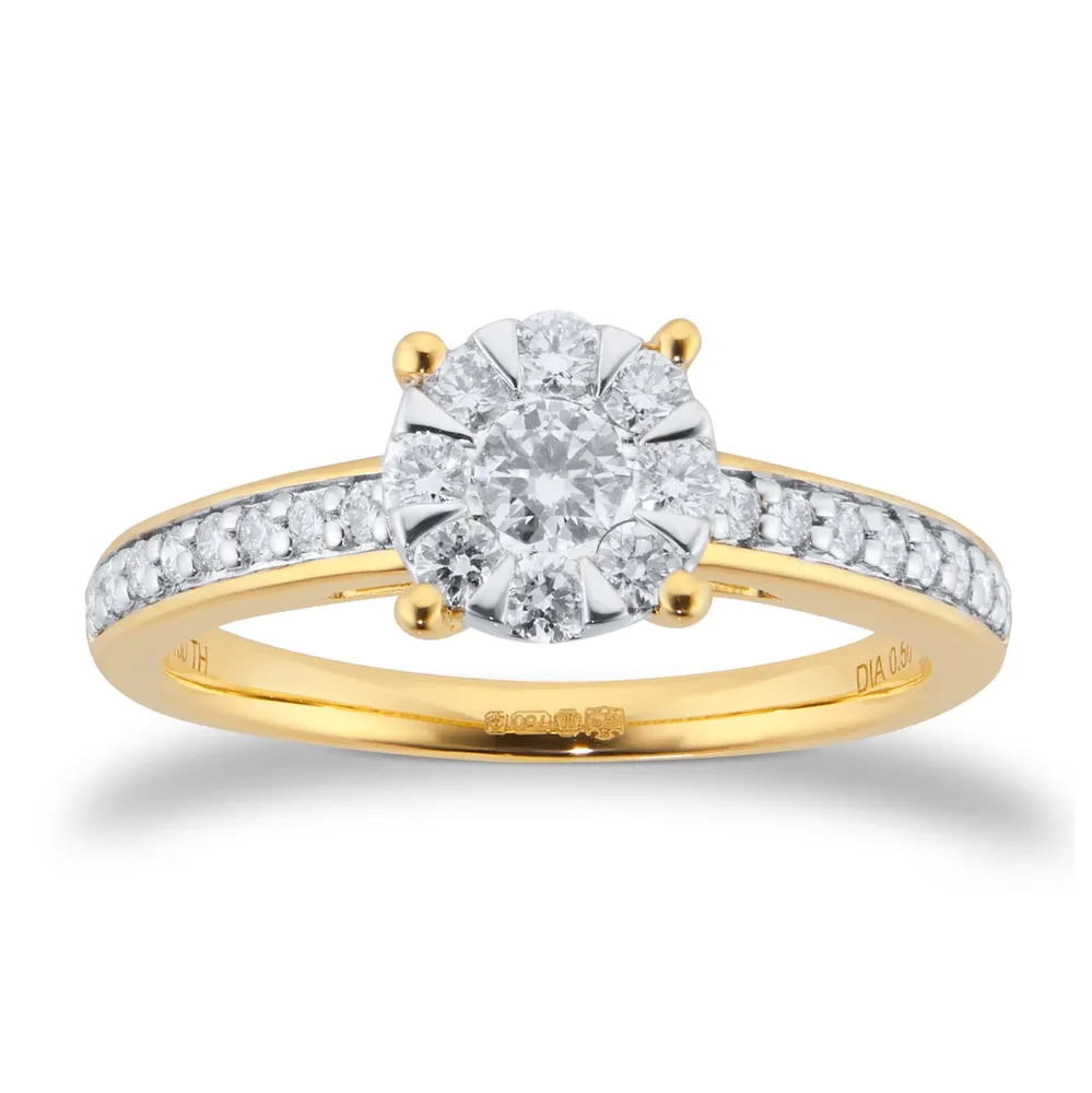 18ct Yellow Gold 0.50cttw Diamond Cluster Engagement Ring with Set Shoulders
