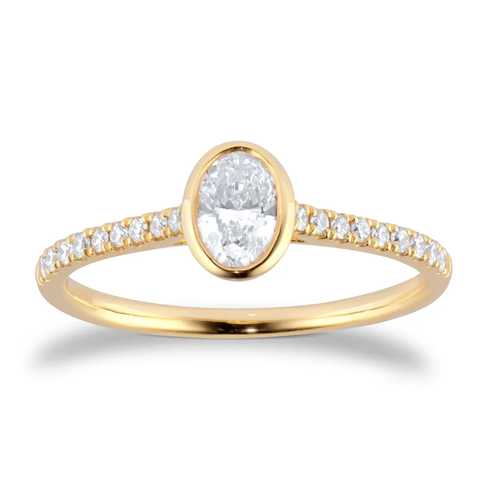 18ct Yellow Gold 0.53cttw Diamond Set Shoulder and Bezel Set Oval Cut Solitaire Engagement Ring