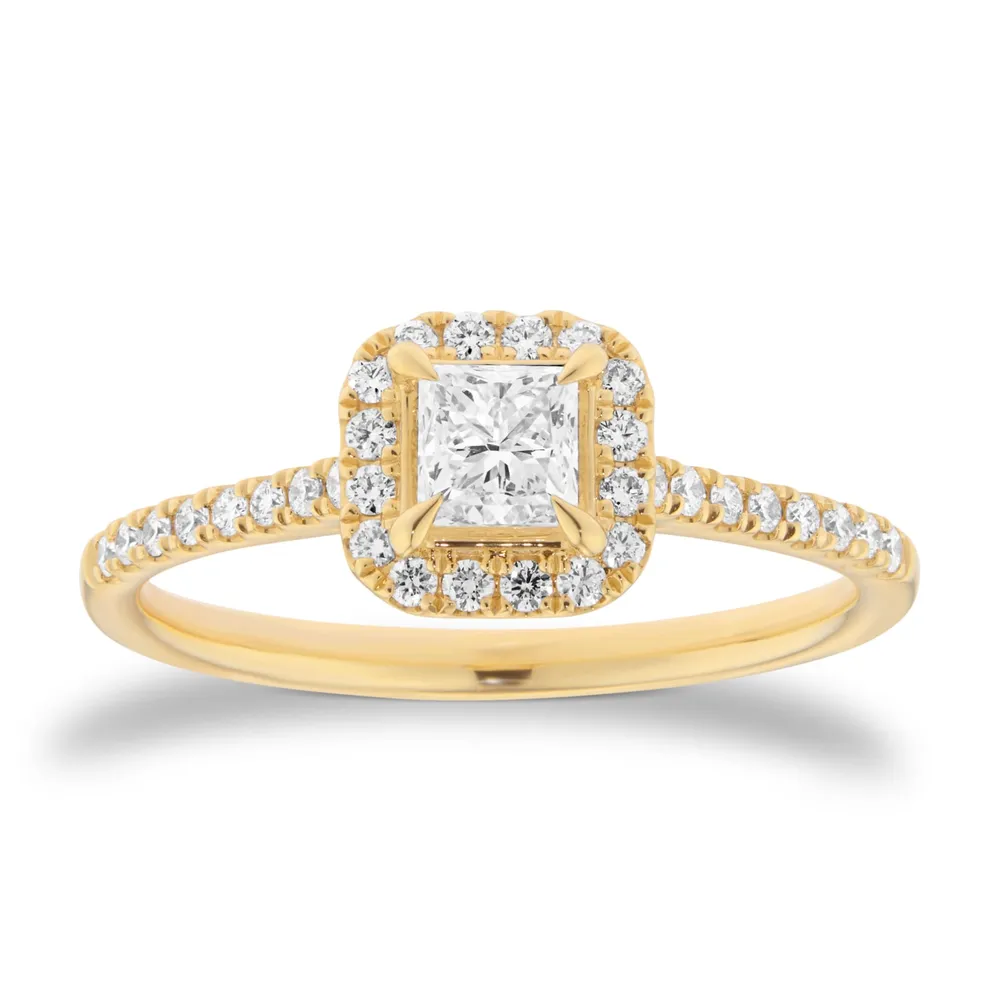 18ct Yellow Gold 0.60cttw Princess Cut Diamond Halo Engagement Ring