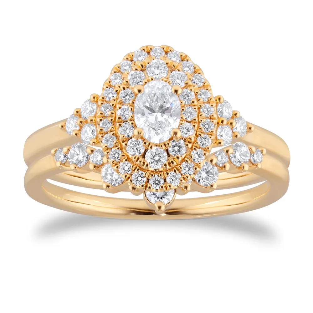 18ct Yellow Gold 0.75cttw Diamond Oval Tiara Bridal Set - RingSize N
