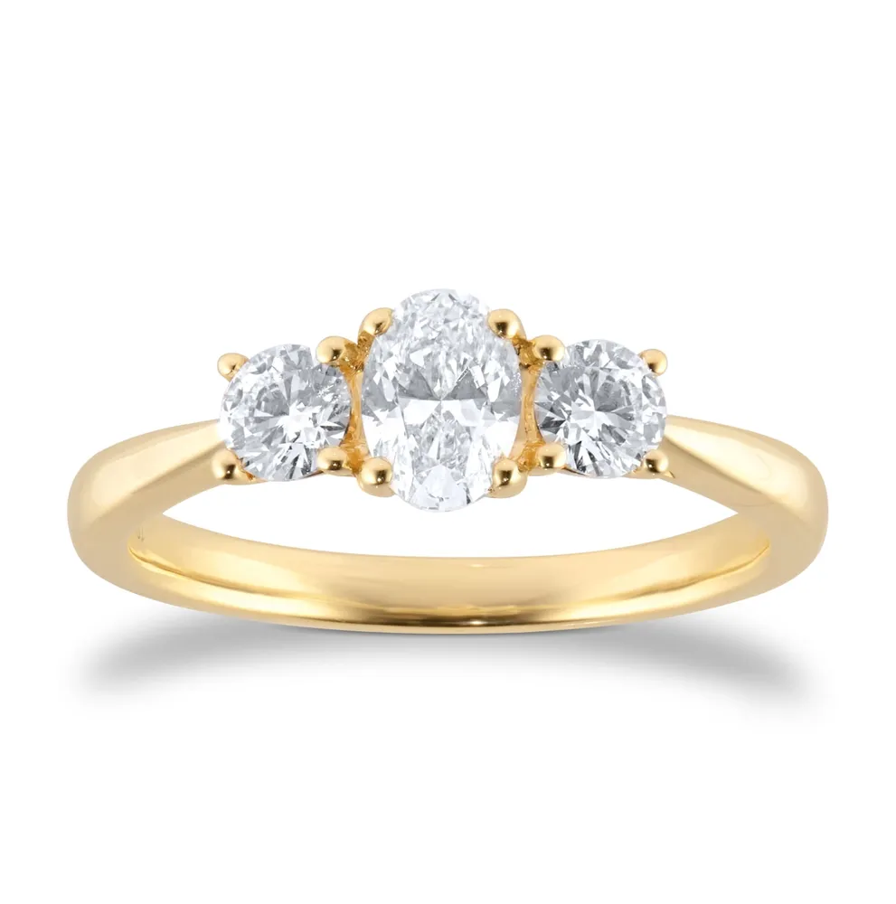 18ct Yellow Gold 0.75cttw Oval and Brilliant Cut Diamond Three Stone Engagement Ring