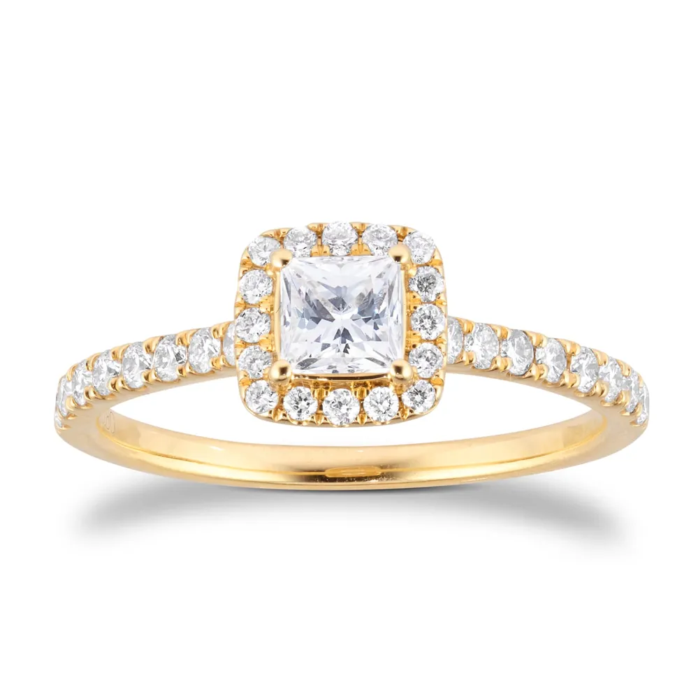 18ct Yellow Gold 0.80cttw Princess Cut Diamond Halo Engagement Ring