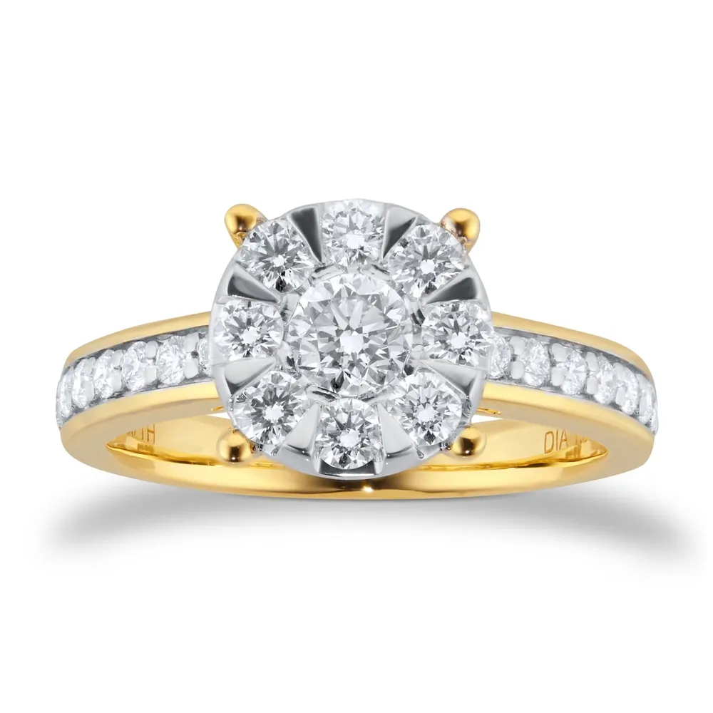 18ct Yellow Gold 1.00cttw Diamond Cluster Engagement Ring with Set Shoulders