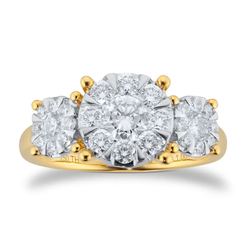 18ct Yellow Gold 1.00cttw Diamond Cluster Three StoneEngagement Ring