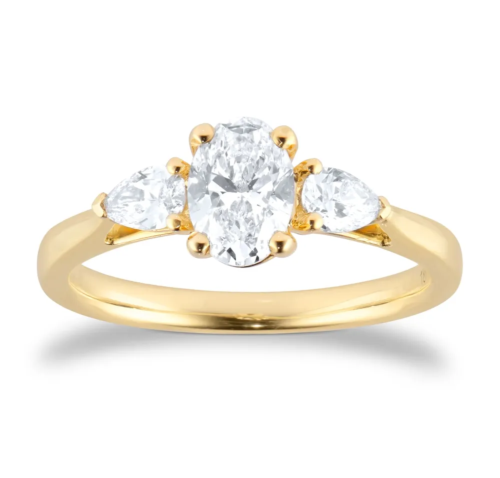18ct Yellow Gold 1.00cttw Oval Cut and Pear Cut Diamond Three Stone Engagement Ring