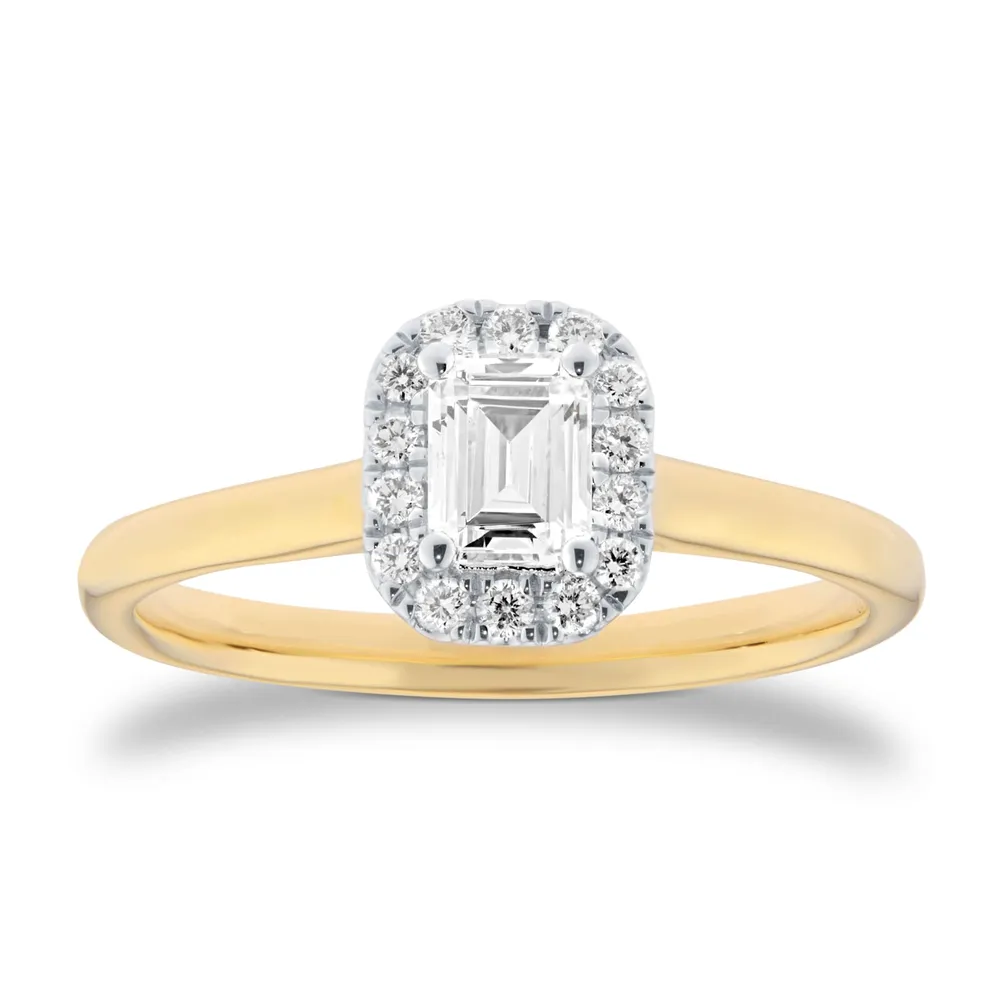 18ct Yellow Gold and White Gold 0.60cttw Emerald Cut Diamond Halo Engagement Ring