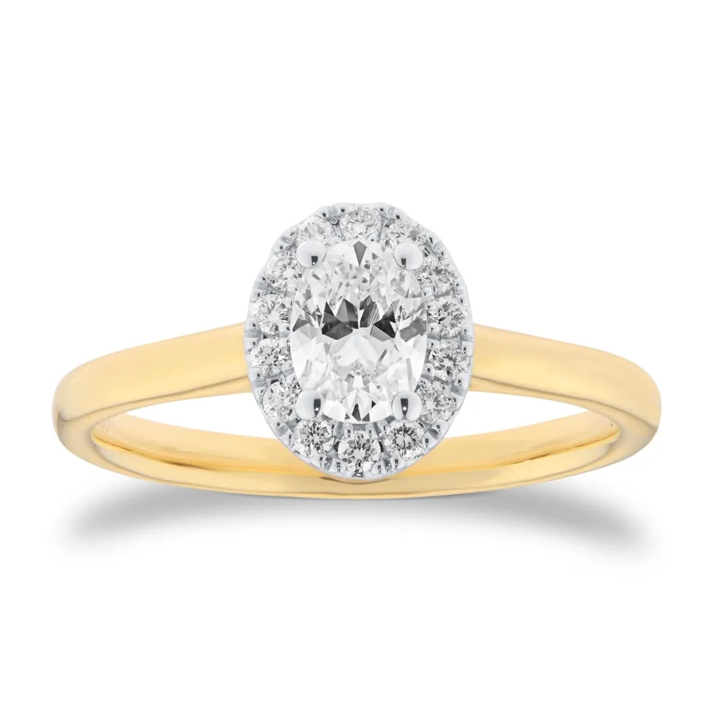 18ct Yellow Gold and White Gold 0.60cttw Oval Cut Diamond Halo Engagement Ring