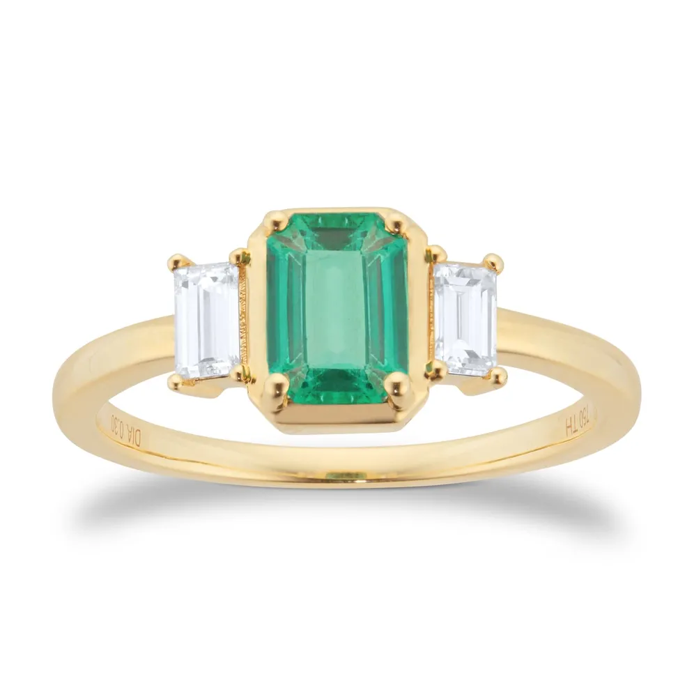 18ct Yellow Gold Emerald and 0.30cttw Diamond Three Stone Engagement Ring