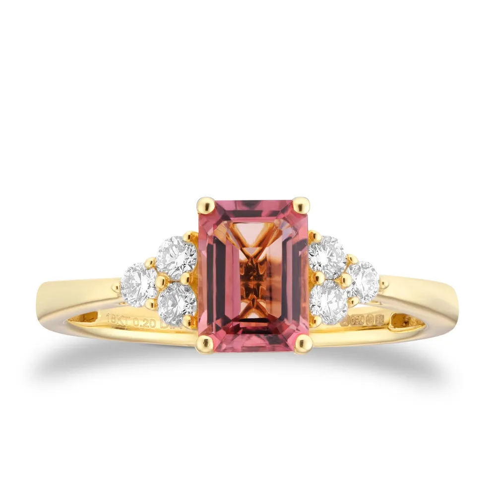 18ct Yellow Gold Emerald Cut Pink Tourmaline and 0.20cttw Diamond Engagement Ring