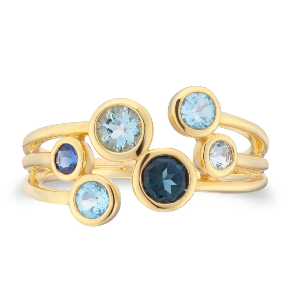 18ct Yellow Gold Large Sapphire Aquamarine and Blue Topaz Bezel Set Ring