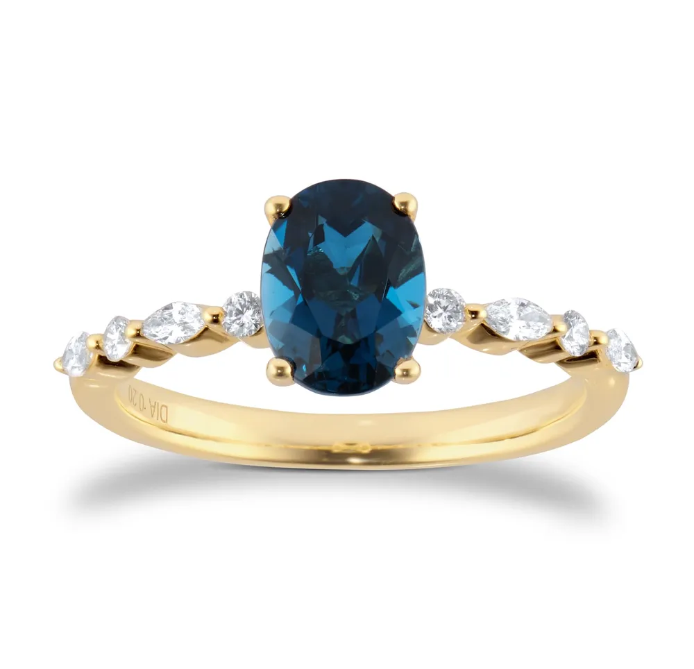 18ct Yellow Gold Oval Cut Blue Topaz Diamond Set Shoulder Ring