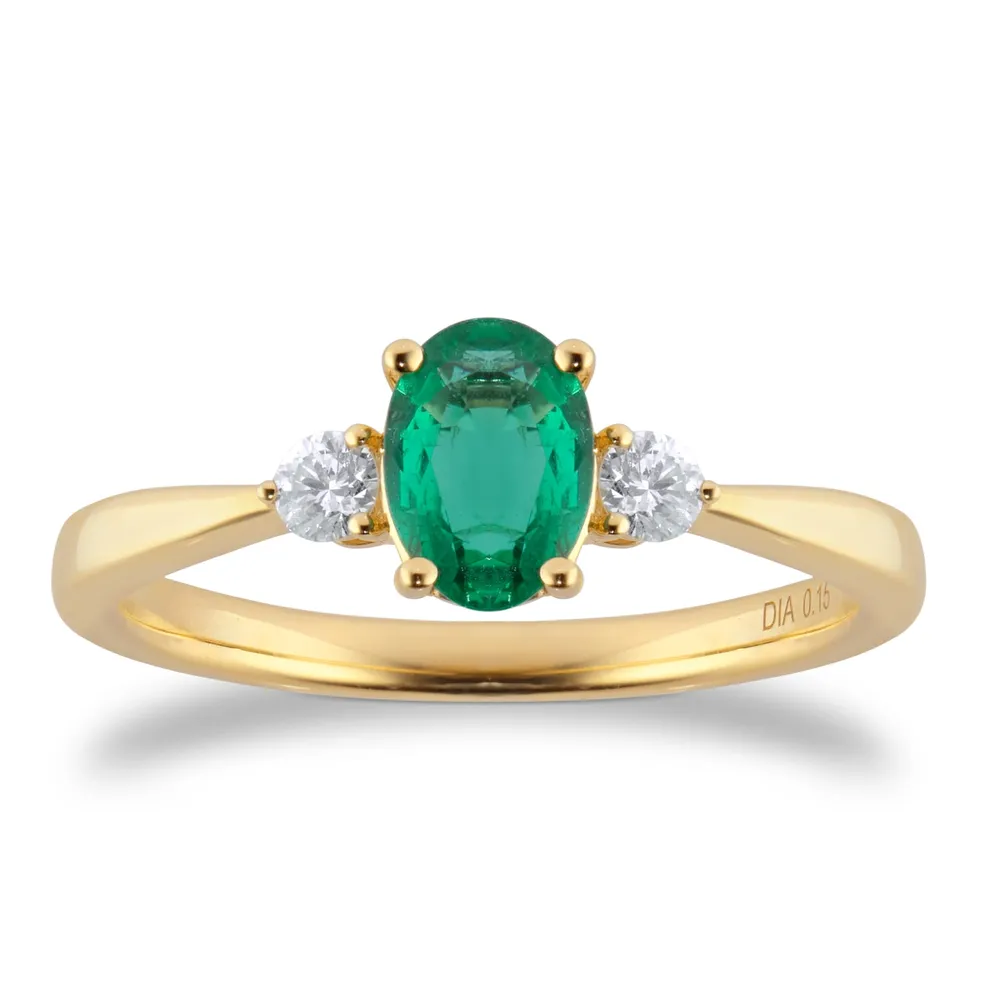 18ct Yellow Gold Oval Cut Emerald and 0.15cttw Diamond Three Stone Engagement Ring