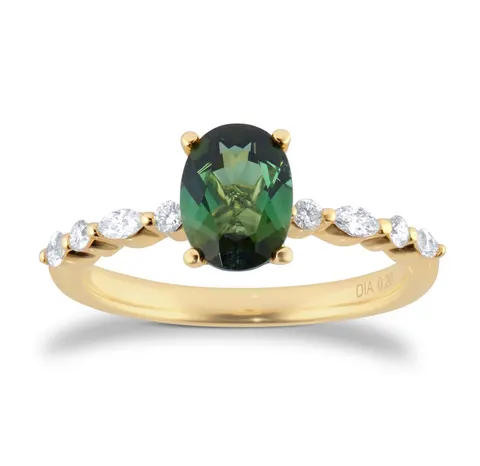 Goldsmiths 18ct Yellow Gold Oval Cut Green Tourmaline Diamond Set Shoulder Ring