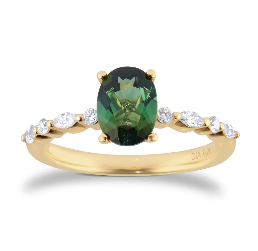 18ct Yellow Gold Oval Cut Green Tourmaline Diamond Set Shoulder Ring