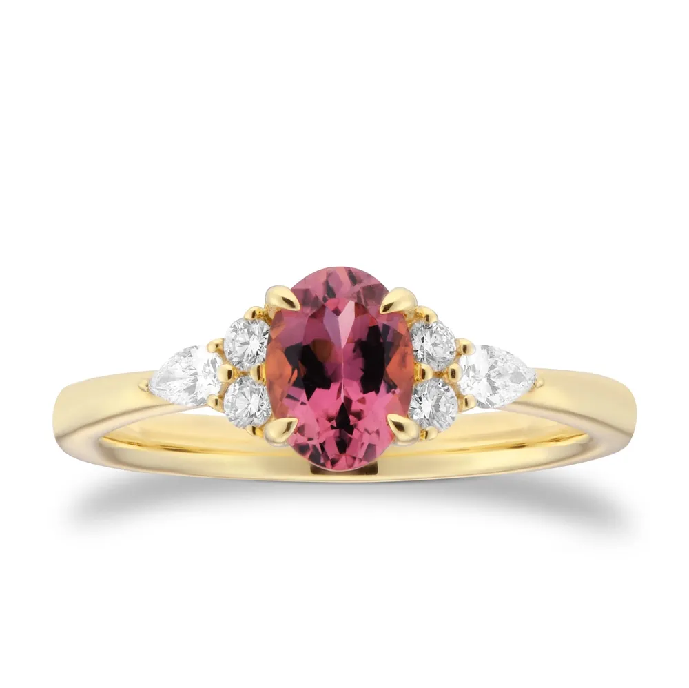 18ct Yellow Gold Oval Cut Pink Tourmaline and 0.20cttw Diamond Engagement Ring
