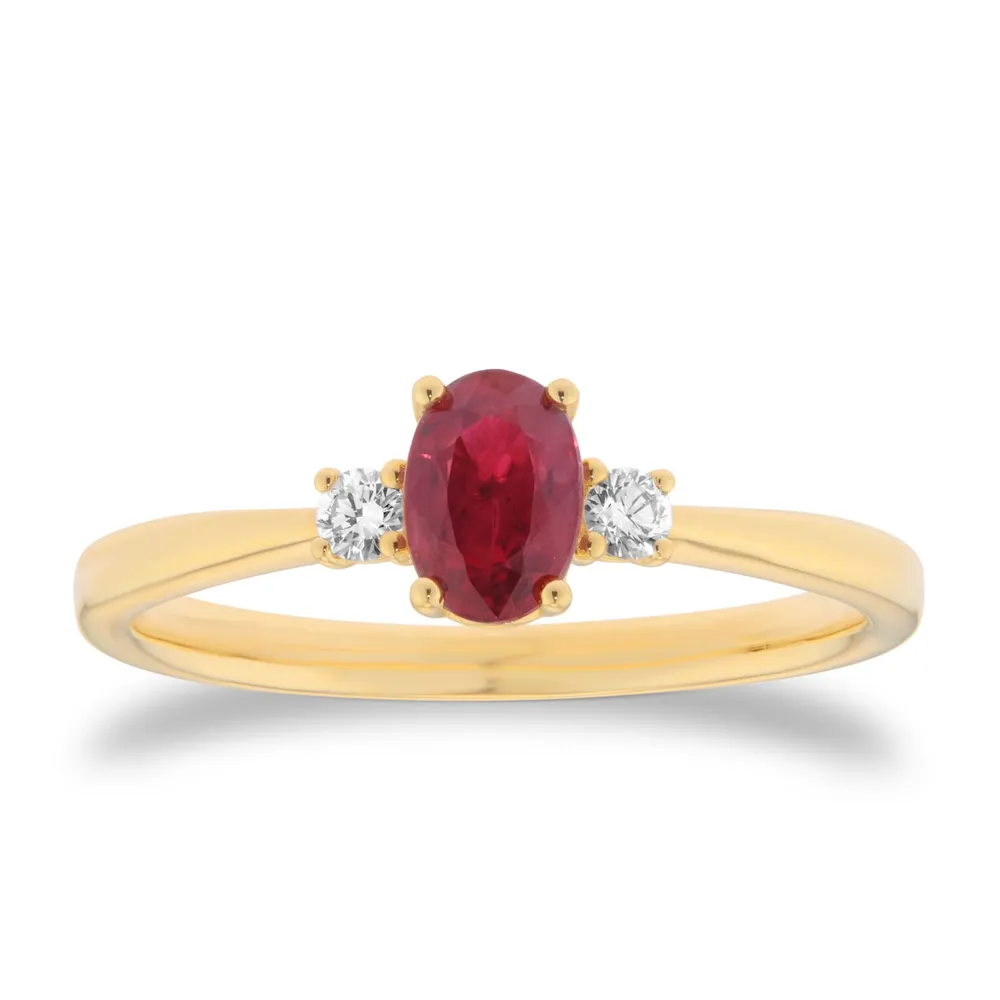 18ct Yellow Gold Oval Cut Ruby and Diamond Three Stone Engagement Ring