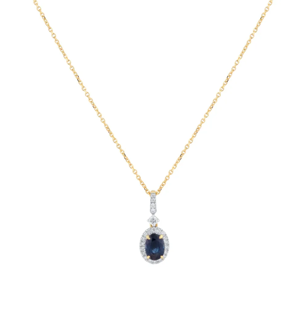 18ct Yellow Gold Oval Cut Sapphire and Diamond Halo Pendant