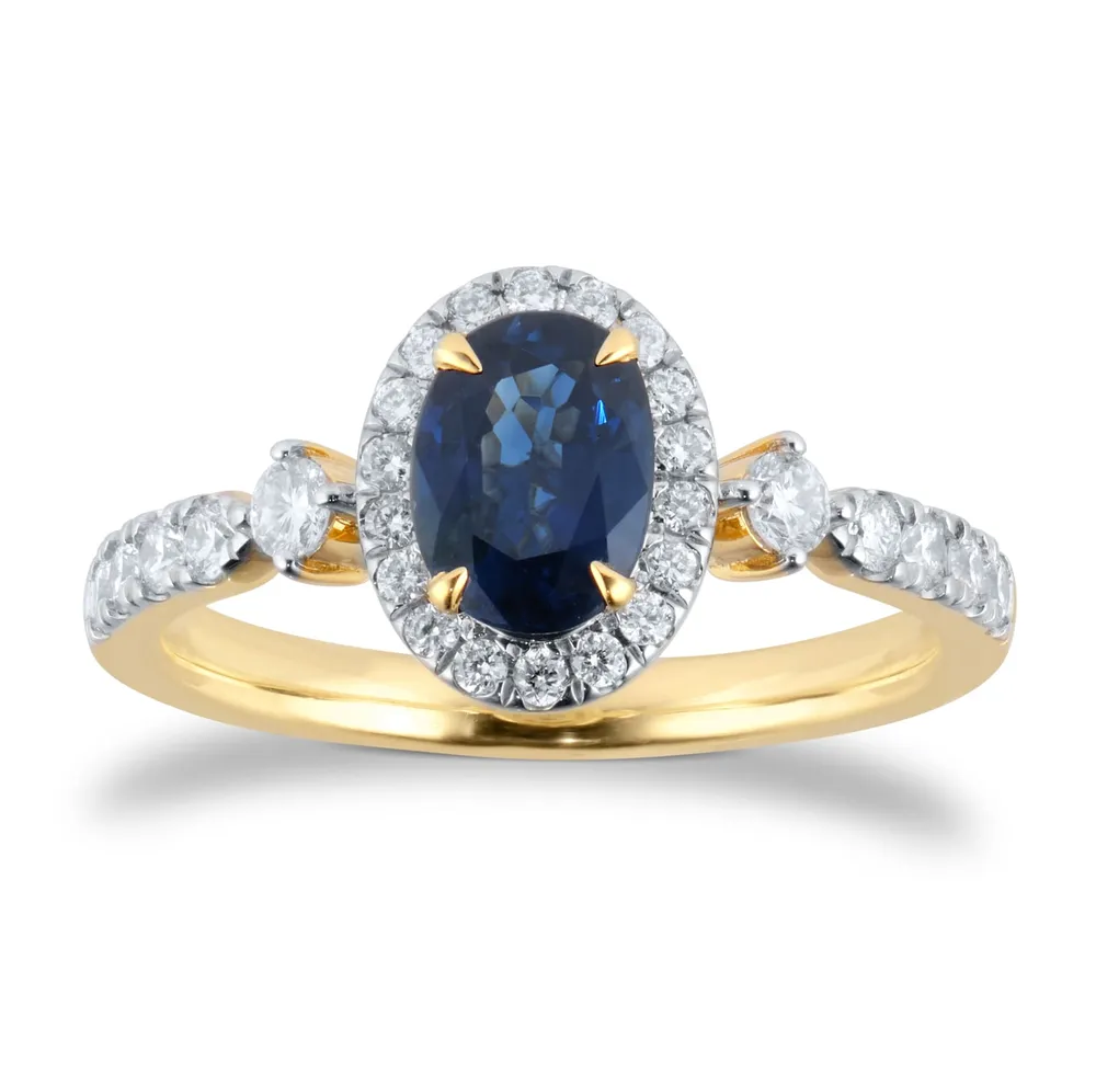 18ct Yellow Gold Oval Cut Sapphire and Diamond Halo Ring