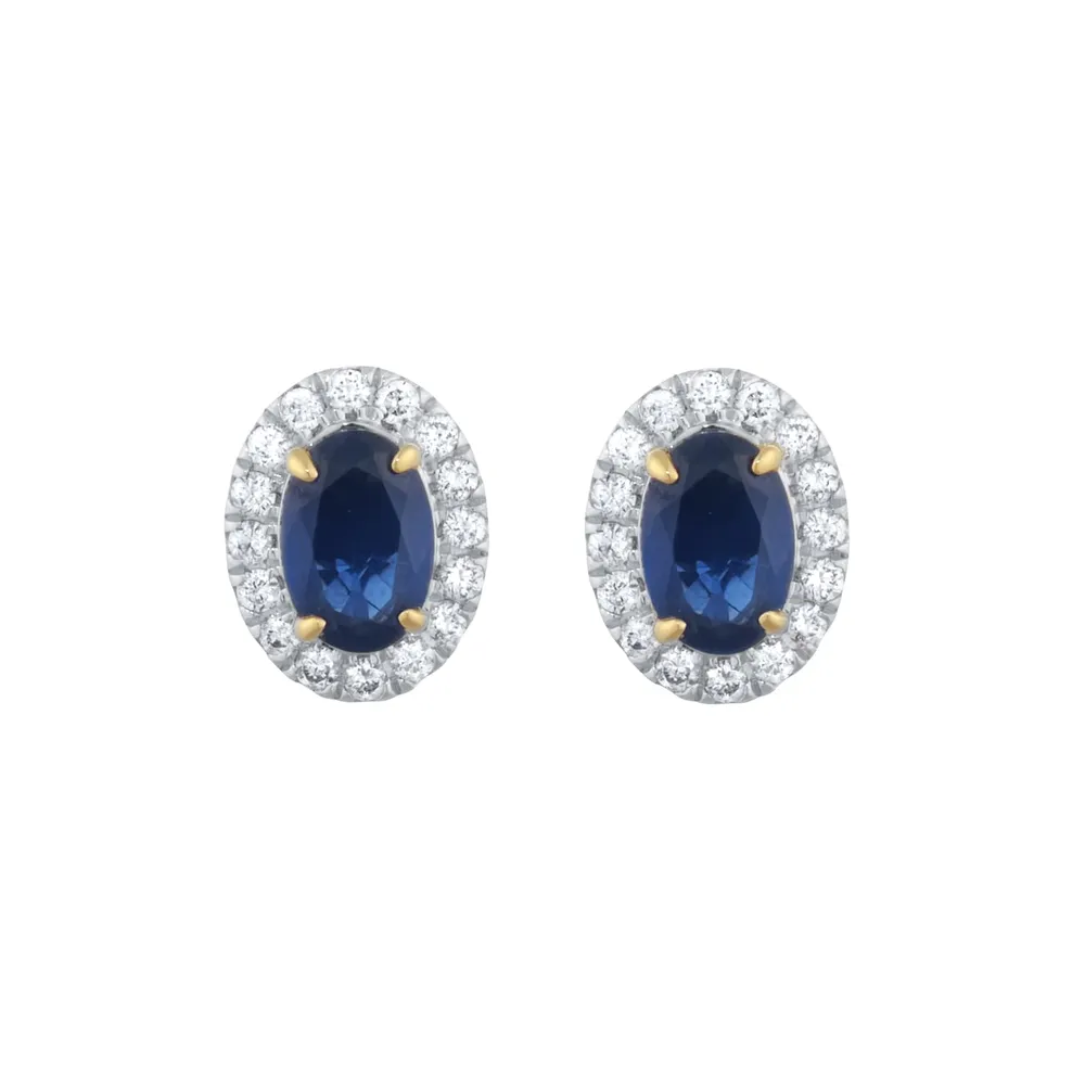 18ct Yellow Gold Oval Cut Sapphire and Diamond Halo Stud Earrings