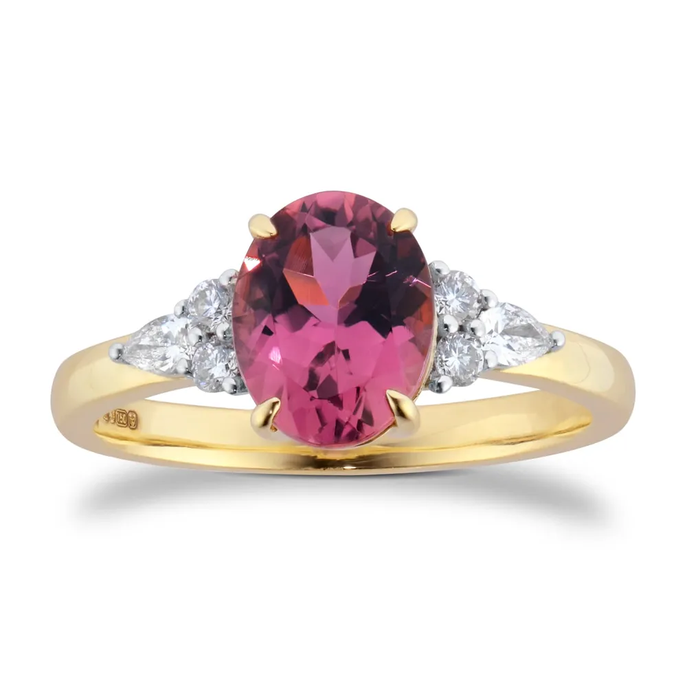 18ct Yellow Gold Pink Tourmaline and 0.20cttw Diamond Set Shoulder Ring
