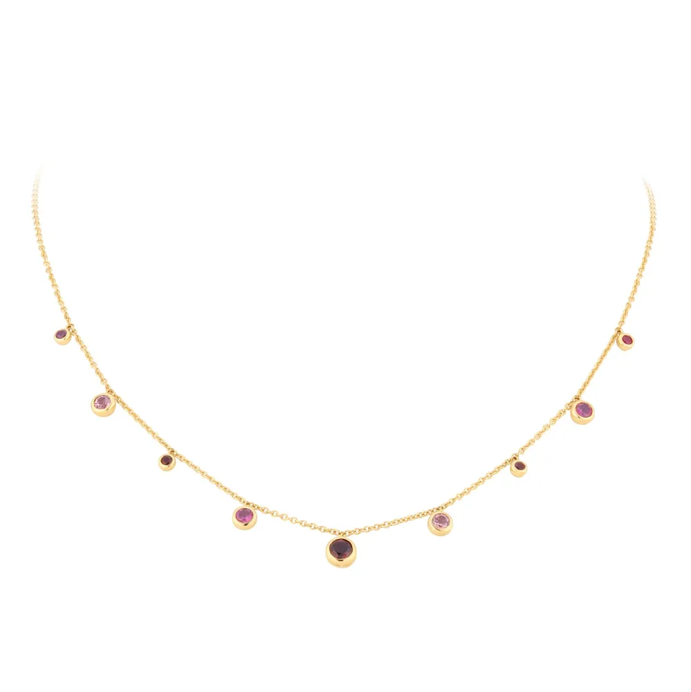 18ct Yellow Gold Ruby Garnet and Pink Tourmaline Bezel Set Drop Necklace