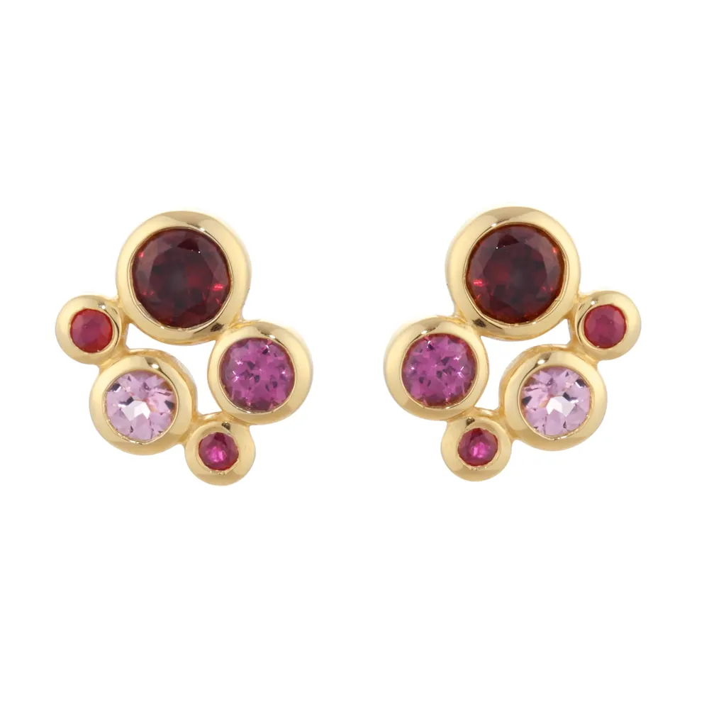 18ct Yellow Gold Ruby Garnet and Pink Tourmaline Bezel Set Stud Earrings