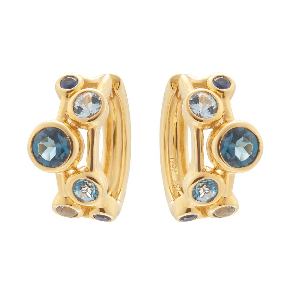 18ct Yellow Gold Sapphire Aquamarine and Blue Topaz Bezel Set 10mm Hoop Earrings