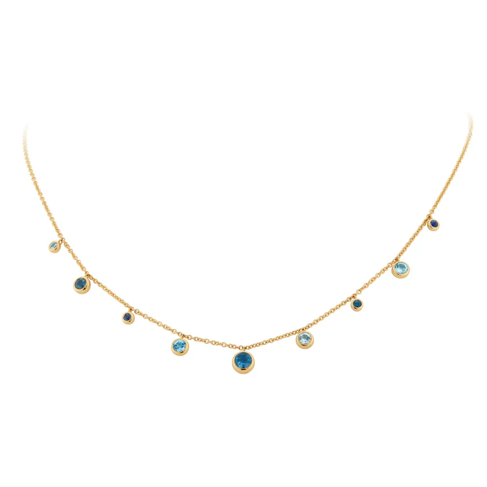 18ct Yellow Gold Sapphire Aquamarine and Blue Topaz Bezel Set Necklace