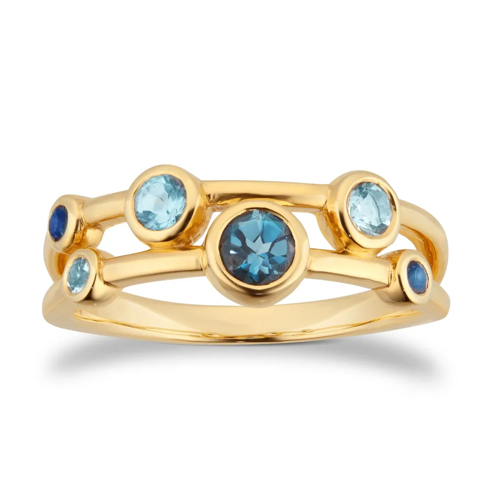 18ct Yellow Gold Sapphire Aquamarine and Blue Topaz Bezel Set Ring