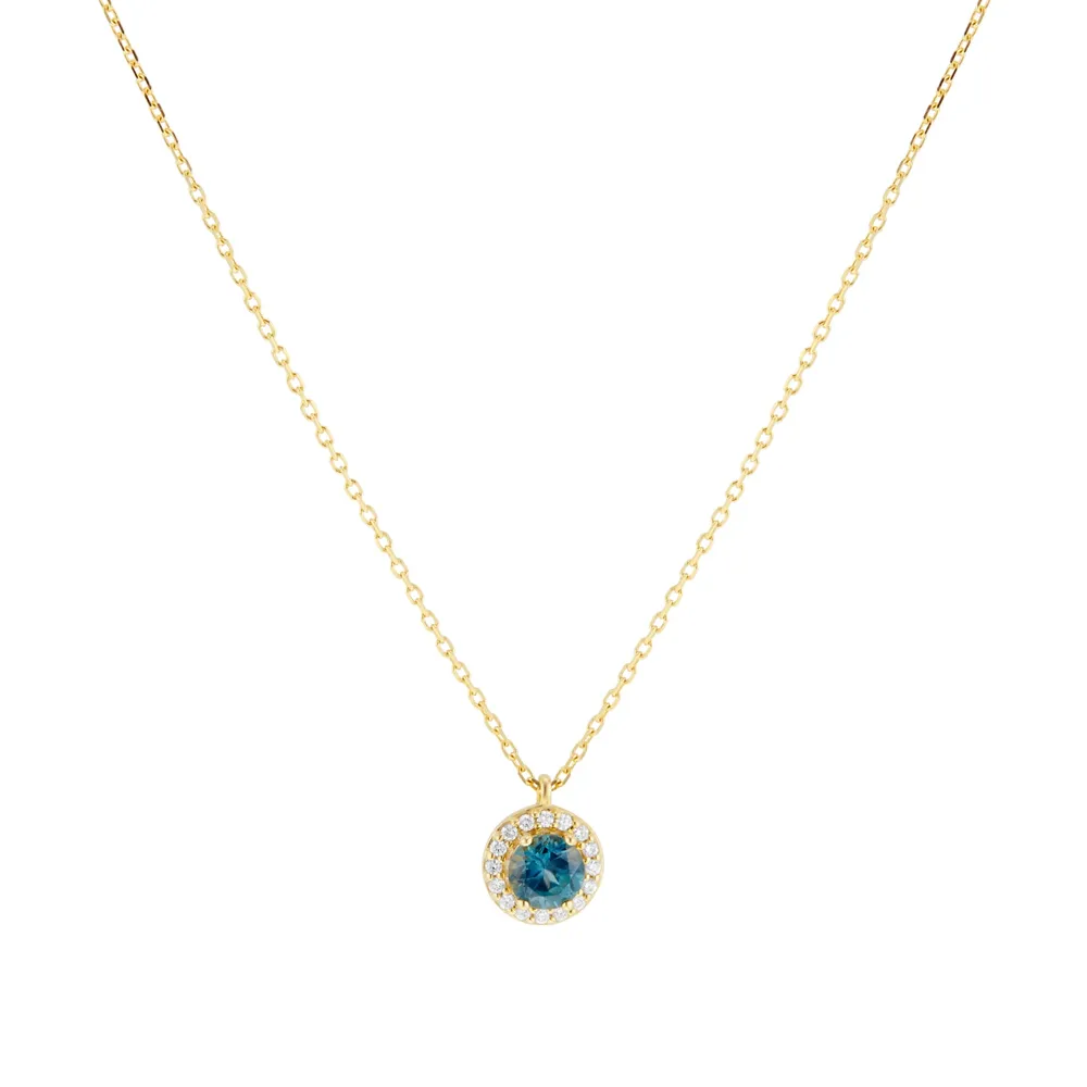 18ct Yellow Gold Teal Sapphire & 0.10ct Diamond Halo Pendant