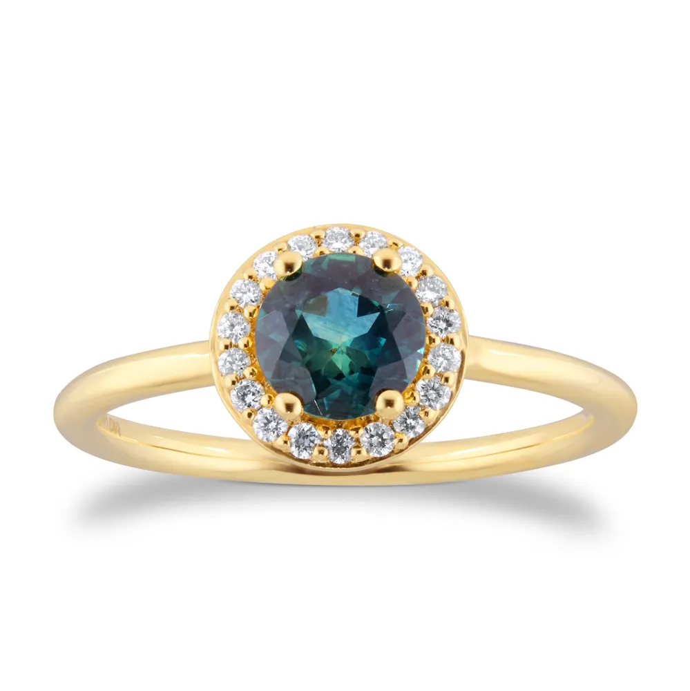 18ct Yellow Gold Teal Sapphire & 0.11ct Diamond Halo Ring