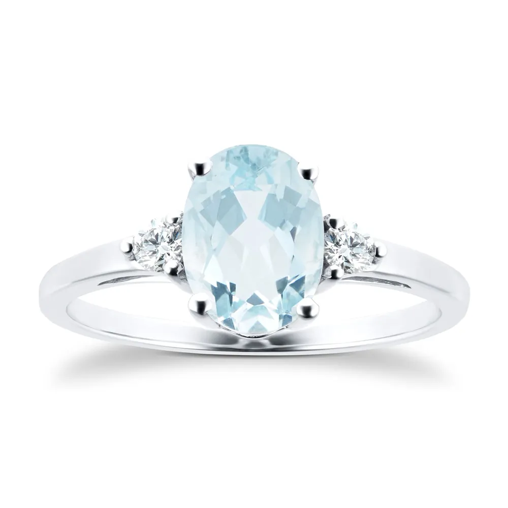9 Carat White Gold Aquamarine With 0.11ct Diamond Oval Ring