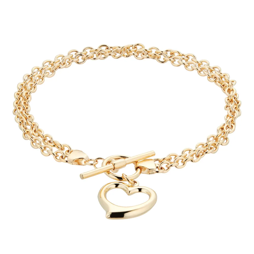 9 Carat Yellow Gold Heart T Bar 2-Strand Belcher Bracelet 7.5 Inch