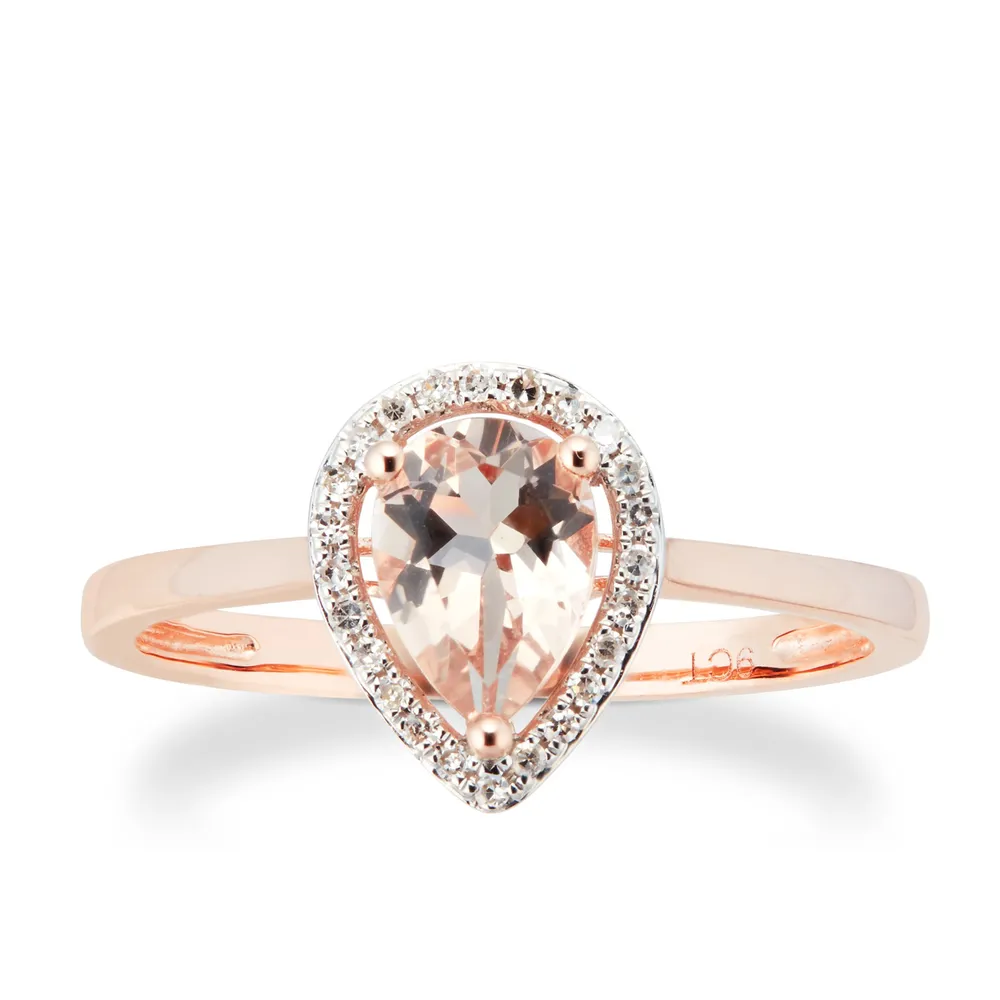 9ct Rose Gold Morganite & Diamond 0.072ct Pear Ring