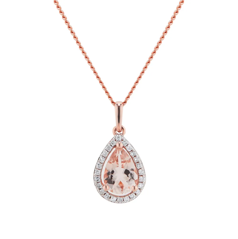 9ct Rose Gold Morganite & Diamond 0.07ct Pear Pendant